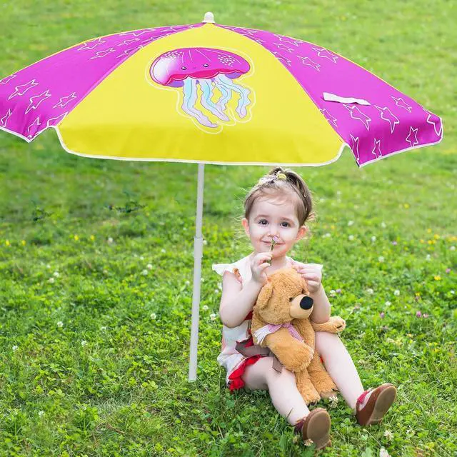 Alt view image 5 of 6 - 5ft Seaside Umbrella for Sand Box Water Table Picnic Table - Kids Durable Umbrellas for children Beach Camping Garden Outdoor Play Shade Pink Yellow Jellyfish
