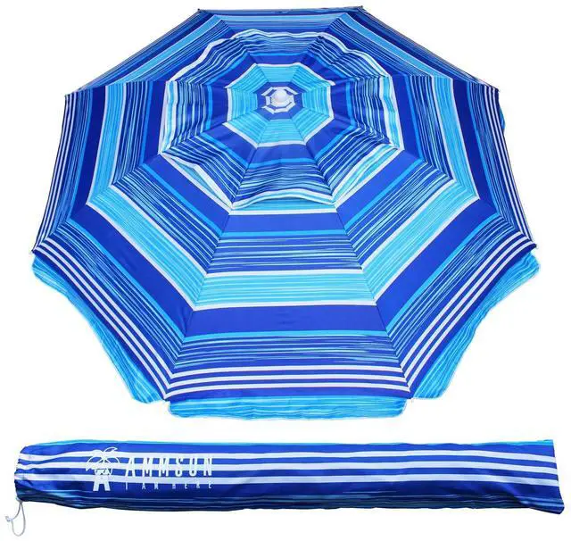 Main image of 6.5 ft Heavy Duty Beach Umbrella for Sand with tilt Air Vent Sun Shelter, UV 50+ Protection Outdoor Sunshade Umbrellas and Parasols with Carry Bag for Patio Garden Beach Pool stripe Blue