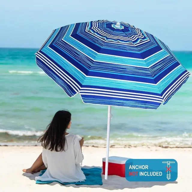 Alt view image 2 of 7 - 6.5 ft Heavy Duty Beach Umbrella for Sand with tilt Air Vent Sun Shelter, UV 50+ Protection Outdoor Sunshade Umbrellas and Parasols with Carry Bag for Patio Garden Beach Pool stripe Blue