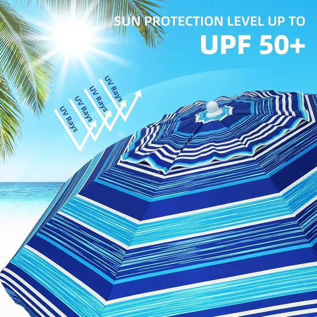 Alt view image 3 of 7 - 6.5 ft Heavy Duty Beach Umbrella for Sand with tilt Air Vent Sun Shelter, UV 50+ Protection Outdoor Sunshade Umbrellas and Parasols with Carry Bag for Patio Garden Beach Pool stripe Blue