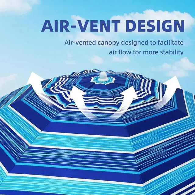 Alt view image 4 of 7 - 6.5 ft Heavy Duty Beach Umbrella for Sand with tilt Air Vent Sun Shelter, UV 50+ Protection Outdoor Sunshade Umbrellas and Parasols with Carry Bag for Patio Garden Beach Pool stripe Blue