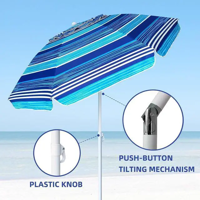 Alt view image 5 of 7 - 6.5 ft Heavy Duty Beach Umbrella for Sand with tilt Air Vent Sun Shelter, UV 50+ Protection Outdoor Sunshade Umbrellas and Parasols with Carry Bag for Patio Garden Beach Pool stripe Blue