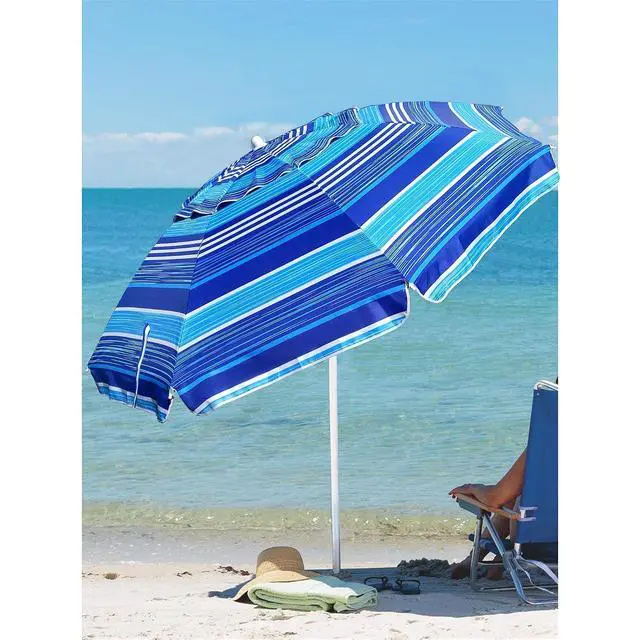 Alt view image 7 of 7 - 6.5 ft Heavy Duty Beach Umbrella for Sand with tilt Air Vent Sun Shelter, UV 50+ Protection Outdoor Sunshade Umbrellas and Parasols with Carry Bag for Patio Garden Beach Pool stripe Blue