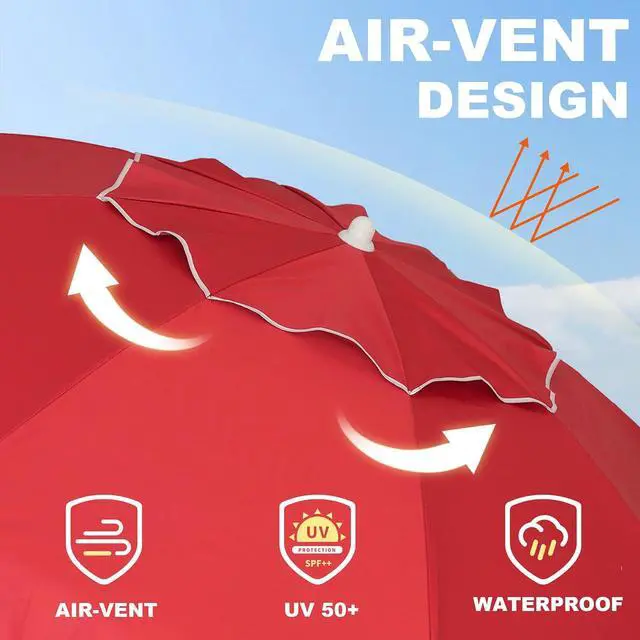 Alt view image 2 of 6 - 6.5ft Portable Patio Beach Umbrella for Sand with tilt Air Vent Sun Shelter, UV 50+ Protection Outdoor Sunshade Umbrella with Carry Bag for Patio Garden Beach Pool Backyard Burgundy Red