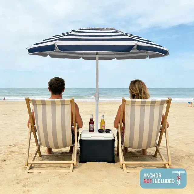 Alt view image 2 of 7 - 6.5ft Portable Beach Umbrella for Sand with air vent Tilt Pole, Carry Bag UV 50+ Protection Outdoor Umbrellas Windproof for Patio Garden Beach Pool Backyard Navy Stripe