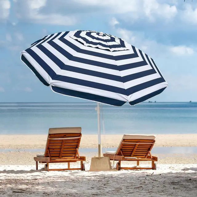 Alt view image 4 of 7 - 6.5ft Portable Beach Umbrella for Sand with air vent Tilt Pole, Carry Bag UV 50+ Protection Outdoor Umbrellas Windproof for Patio Garden Beach Pool Backyard Navy Stripe
