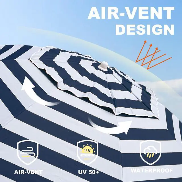 Alt view image 3 of 7 - 6.5ft Portable Beach Umbrella for Sand with air vent Tilt Pole, Carry Bag UV 50+ Protection Outdoor Umbrellas Windproof for Patio Garden Beach Pool Backyard Navy Stripe