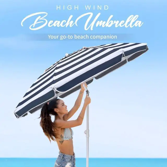 Alt view image 7 of 7 - 6.5ft Portable Beach Umbrella for Sand with air vent Tilt Pole, Carry Bag UV 50+ Protection Outdoor Umbrellas Windproof for Patio Garden Beach Pool Backyard Navy Stripe