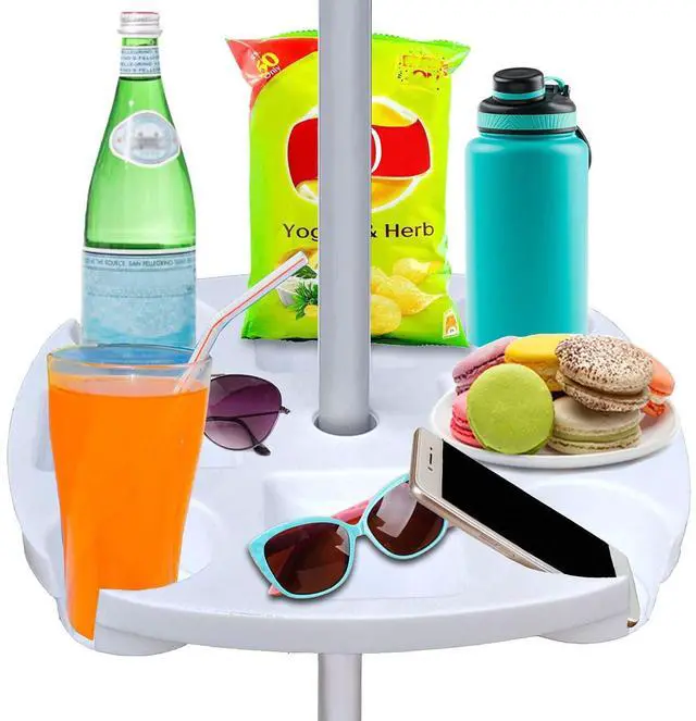 Main image of 17" Beach Umbrella Table Tray with 4 Cup Holders, 4 Snack Compartments for Beach, Patio, Garden, Swimming Pool 17 Inch, White