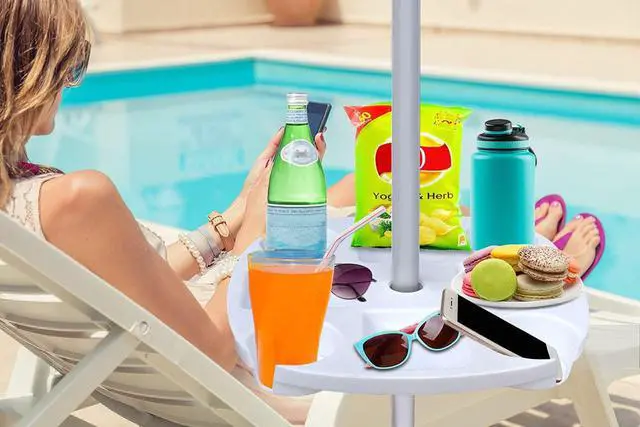 Alt view image 2 of 6 - 17" Beach Umbrella Table Tray with 4 Cup Holders, 4 Snack Compartments for Beach, Patio, Garden, Swimming Pool 17 Inch, White