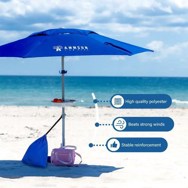 Alt view image 4 of 7 - 8ft Large Beach Umbrellas for Sand Heavy Huty Wind Portable Commercial Grade Patio Beach Umbrella with Sand Anchor Adjustable Height Air Vent UPF 50+ Telescoping Pole without tilt Dark Blue