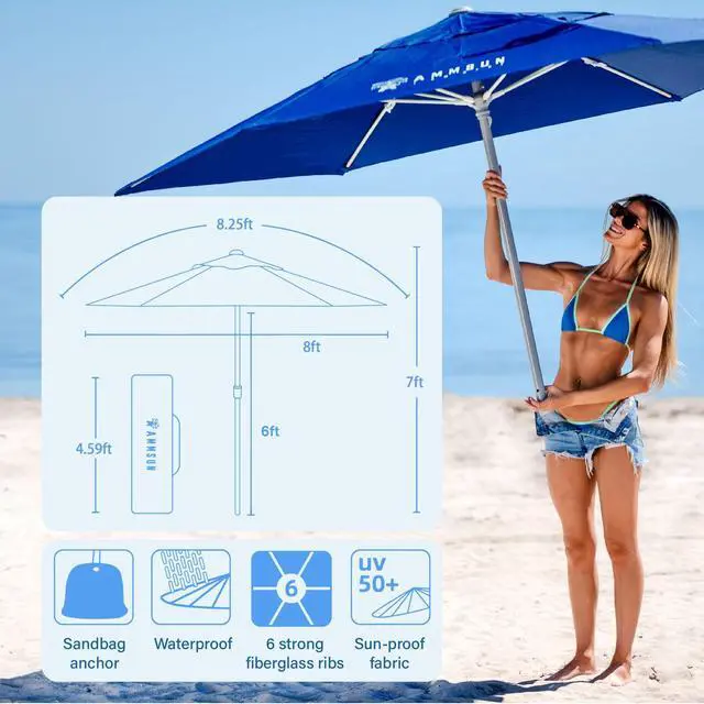 Alt view image 5 of 7 - 8ft Large Beach Umbrellas for Sand Heavy Huty Wind Portable Commercial Grade Patio Beach Umbrella with Sand Anchor Adjustable Height Air Vent UPF 50+ Telescoping Pole without tilt Dark Blue