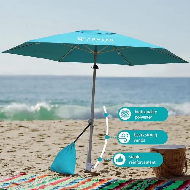 Alt view image 2 of 7 - 8ft Large Beach Umbrellas for Sand Heavy Huty Wind Portable Commercial Grade Patio Beach Umbrella with Sand Anchor Adjustable Height Air Vent UPF 50+ Telescoping Pole without tilt Teal