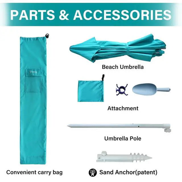 Alt view image 6 of 7 - 8ft Large Beach Umbrellas for Sand Heavy Huty Wind Portable Commercial Grade Patio Beach Umbrella with Sand Anchor Adjustable Height Air Vent UPF 50+ Telescoping Pole without tilt Teal
