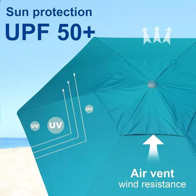 Alt view image 5 of 7 - 8ft Large Beach Umbrellas for Sand Heavy Huty Wind Portable Commercial Grade Patio Beach Umbrella with Sand Anchor Adjustable Height Air Vent UPF 50+ Telescoping Pole without tilt Teal