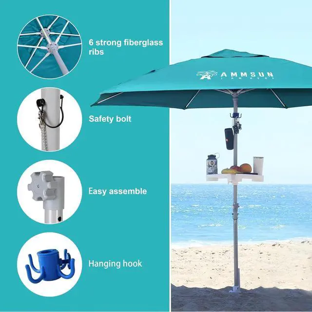 Alt view image 4 of 7 - 8ft Large Beach Umbrellas for Sand Heavy Huty Wind Portable Commercial Grade Patio Beach Umbrella with Sand Anchor Adjustable Height Air Vent UPF 50+ Telescoping Pole without tilt Teal