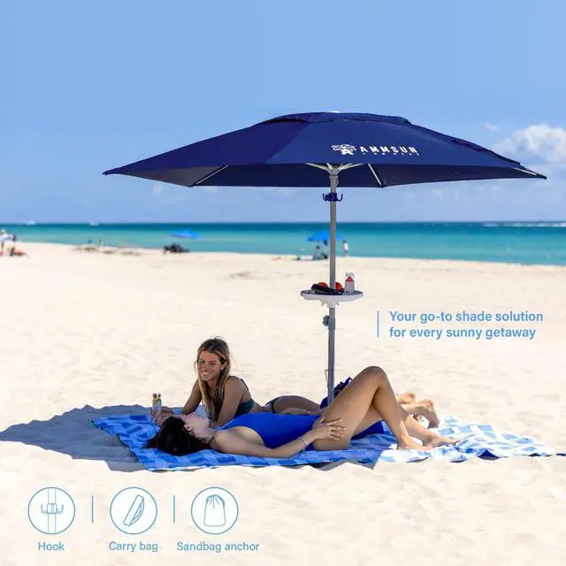 Alt view image 2 of 7 - 8ft Large Beach Umbrellas for Sand Heavy Huty Wind Portable Commercial Grade Patio Beach Umbrella with Sand Anchor Hanging Hook Weight Sandbag Adjustable Height Air Vent UPF 50+ Telescoping Pole