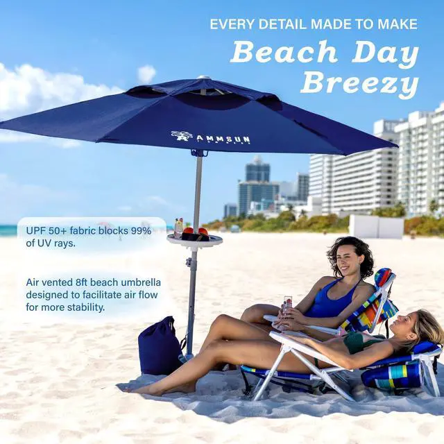 Alt view image 3 of 7 - 8ft Large Beach Umbrellas for Sand Heavy Huty Wind Portable Commercial Grade Patio Beach Umbrella with Sand Anchor Hanging Hook Weight Sandbag Adjustable Height Air Vent UPF 50+ Telescoping Pole