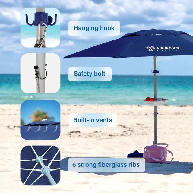 Alt view image 4 of 7 - 8ft Large Beach Umbrellas for Sand Heavy Huty Wind Portable Commercial Grade Patio Beach Umbrella with Sand Anchor Hanging Hook Weight Sandbag Adjustable Height Air Vent UPF 50+ Telescoping Pole