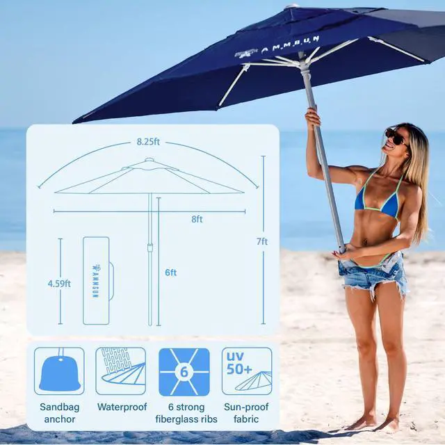 Alt view image 5 of 7 - 8ft Large Beach Umbrellas for Sand Heavy Huty Wind Portable Commercial Grade Patio Beach Umbrella with Sand Anchor Hanging Hook Weight Sandbag Adjustable Height Air Vent UPF 50+ Telescoping Pole