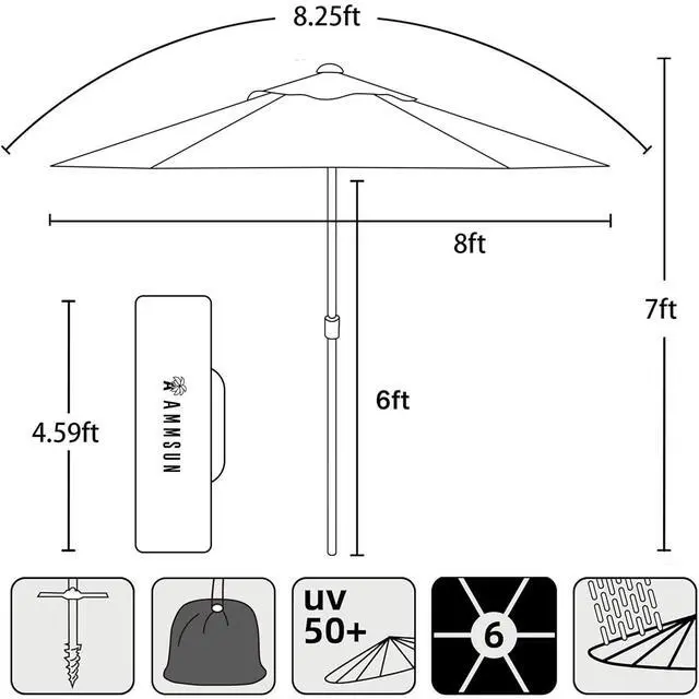 Alt view image 6 of 6 - 8ft Heavy Duty High Wind Commercial Grade Patio Beach Umbrella with Separate Sand Anchor Air Vent Carry Bag Fiberglass Ribs without Tilt Outdoor umbrellas for sands Yellow