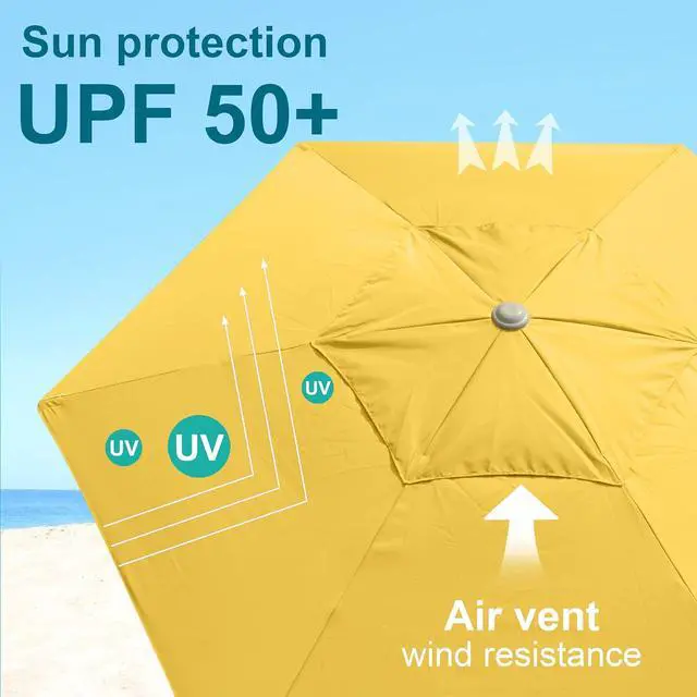 Alt view image 5 of 6 - 8ft Heavy Duty High Wind Commercial Grade Patio Beach Umbrella with Separate Sand Anchor Air Vent Carry Bag Fiberglass Ribs without Tilt Outdoor umbrellas for sands Yellow
