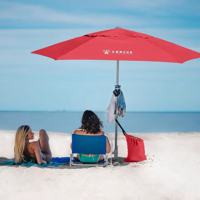 Alt view image 2 of 6 - 8ft Large Beach Umbrellas for Sand Heavy Huty Wind Portable Commercial Grade Patio Beach Umbrella with Sand Anchor Adjustable Height Air Vent UPF 50+ Telescoping Pole without tilt Red