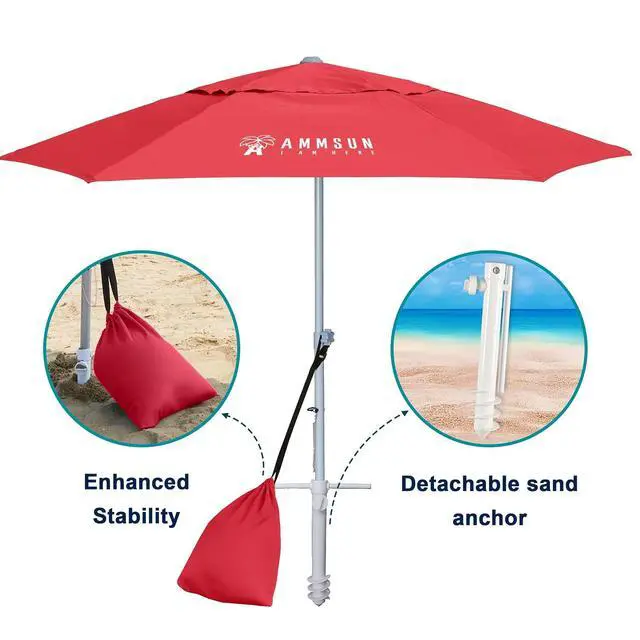 Alt view image 3 of 6 - 8ft Large Beach Umbrellas for Sand Heavy Huty Wind Portable Commercial Grade Patio Beach Umbrella with Sand Anchor Adjustable Height Air Vent UPF 50+ Telescoping Pole without tilt Red