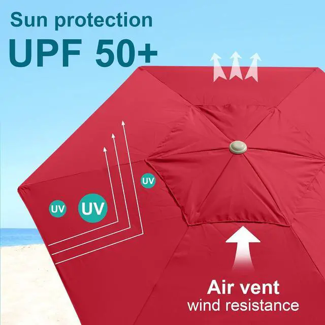 Alt view image 4 of 6 - 8ft Large Beach Umbrellas for Sand Heavy Huty Wind Portable Commercial Grade Patio Beach Umbrella with Sand Anchor Adjustable Height Air Vent UPF 50+ Telescoping Pole without tilt Red
