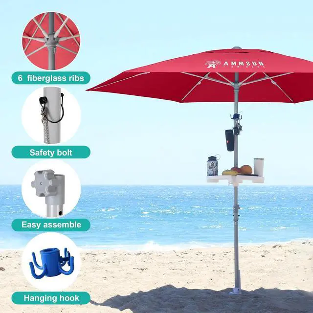 Alt view image 5 of 6 - 8ft Large Beach Umbrellas for Sand Heavy Huty Wind Portable Commercial Grade Patio Beach Umbrella with Sand Anchor Adjustable Height Air Vent UPF 50+ Telescoping Pole without tilt Red