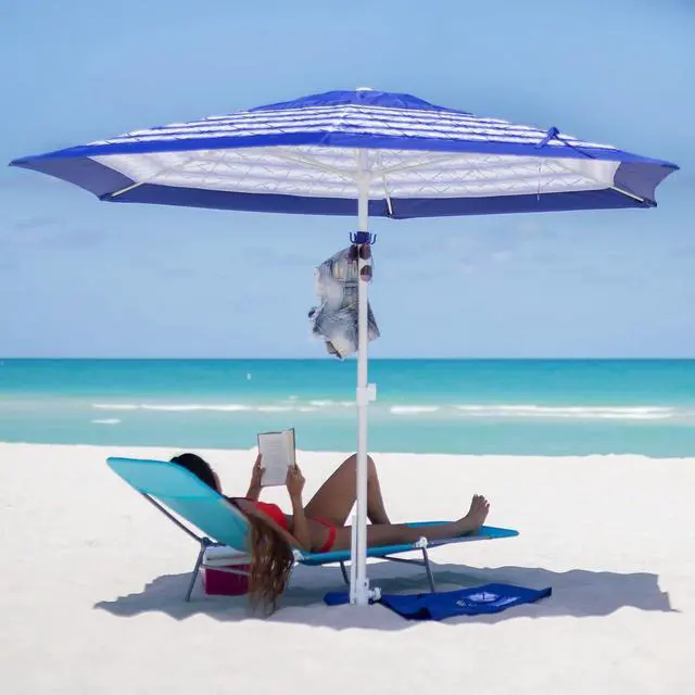 Alt view image 2 of 7 - 8ft Large Beach Umbrellas for Sand Heavy Huty Wind Portable Commercial Grade Patio Beach Umbrella with Sand Anchor Adjustable Height Air Vent UPF 50+ Telescoping Pole without tilt Blue White