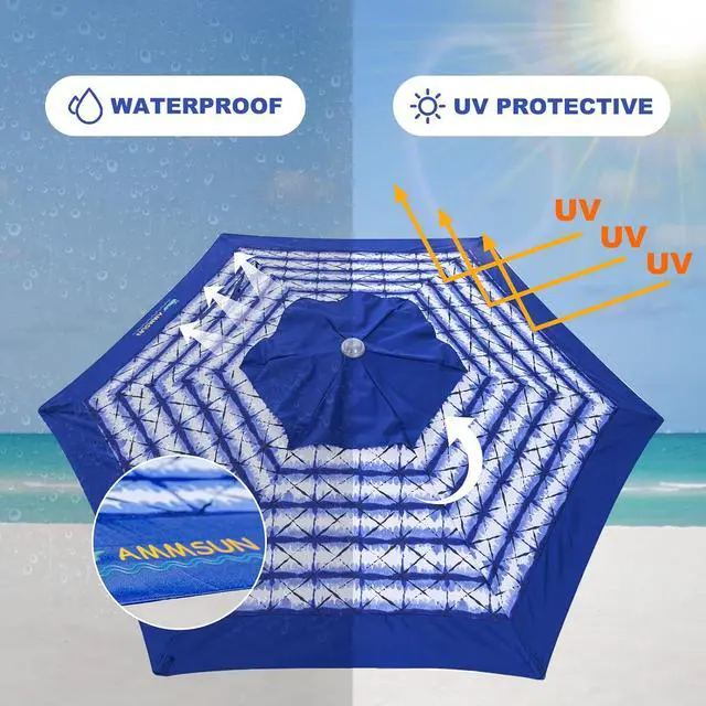 Alt view image 3 of 7 - 8ft Large Beach Umbrellas for Sand Heavy Huty Wind Portable Commercial Grade Patio Beach Umbrella with Sand Anchor Adjustable Height Air Vent UPF 50+ Telescoping Pole without tilt Blue White