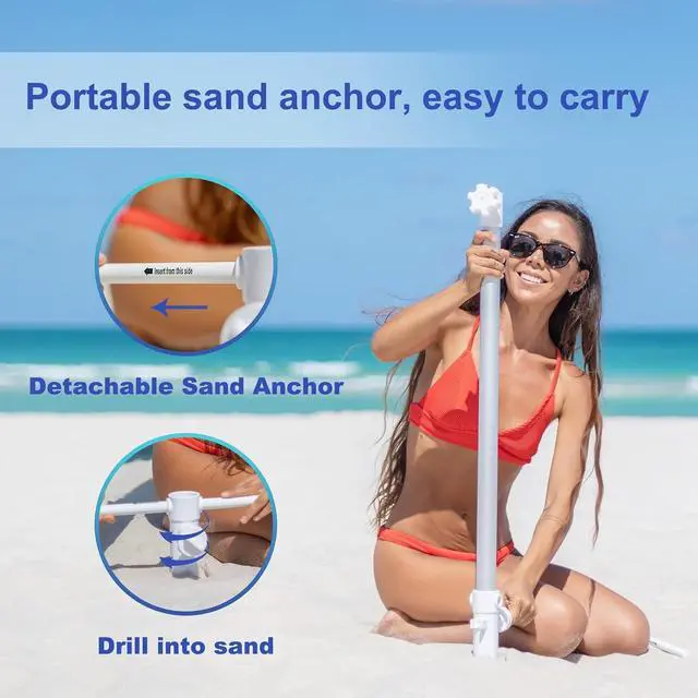 Alt view image 5 of 7 - 8ft Large Beach Umbrellas for Sand Heavy Huty Wind Portable Commercial Grade Patio Beach Umbrella with Sand Anchor Adjustable Height Air Vent UPF 50+ Telescoping Pole without tilt Blue White
