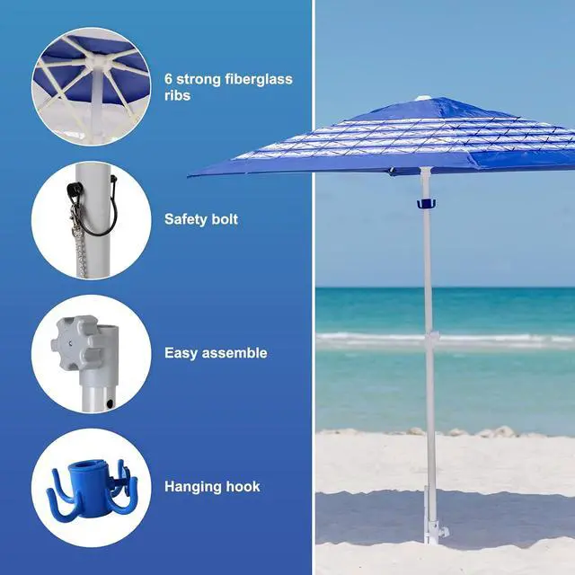 Alt view image 6 of 7 - 8ft Large Beach Umbrellas for Sand Heavy Huty Wind Portable Commercial Grade Patio Beach Umbrella with Sand Anchor Adjustable Height Air Vent UPF 50+ Telescoping Pole without tilt Blue White