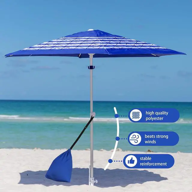 Alt view image 4 of 7 - 8ft Large Beach Umbrellas for Sand Heavy Huty Wind Portable Commercial Grade Patio Beach Umbrella with Sand Anchor Adjustable Height Air Vent UPF 50+ Telescoping Pole without tilt Blue White