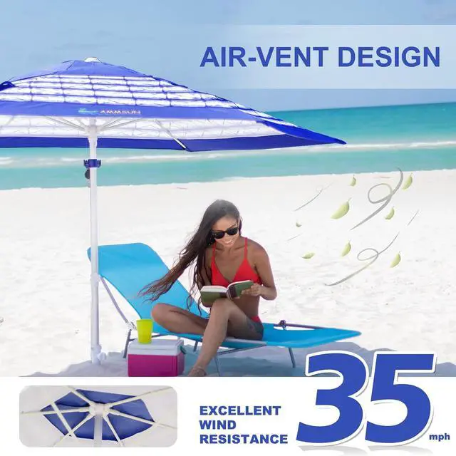 Alt view image 7 of 7 - 8ft Large Beach Umbrellas for Sand Heavy Huty Wind Portable Commercial Grade Patio Beach Umbrella with Sand Anchor Adjustable Height Air Vent UPF 50+ Telescoping Pole without tilt Blue White