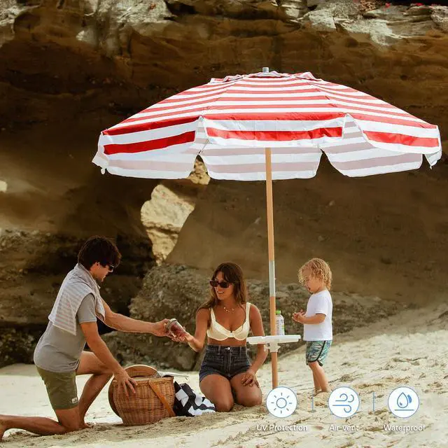 Alt view image 2 of 7 - 7.5ft Heavy Duty HIGH Wind Beach Umbrella Commercial Grade Patio Beach Umbrella with Air Vent Ash Wood Pole & Carry Bag UPF50+ Protection Red White