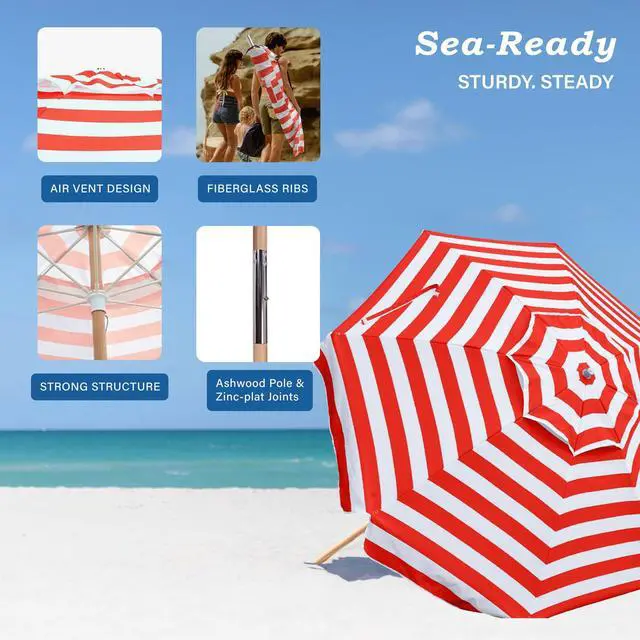 Alt view image 4 of 7 - 7.5ft Heavy Duty HIGH Wind Beach Umbrella Commercial Grade Patio Beach Umbrella with Air Vent Ash Wood Pole & Carry Bag UPF50+ Protection Red White