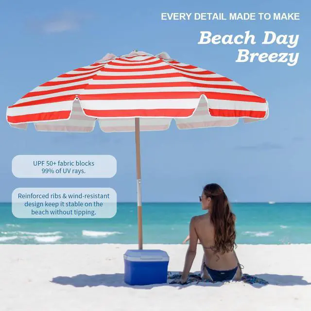 Alt view image 3 of 7 - 7.5ft Heavy Duty HIGH Wind Beach Umbrella Commercial Grade Patio Beach Umbrella with Air Vent Ash Wood Pole & Carry Bag UPF50+ Protection Red White
