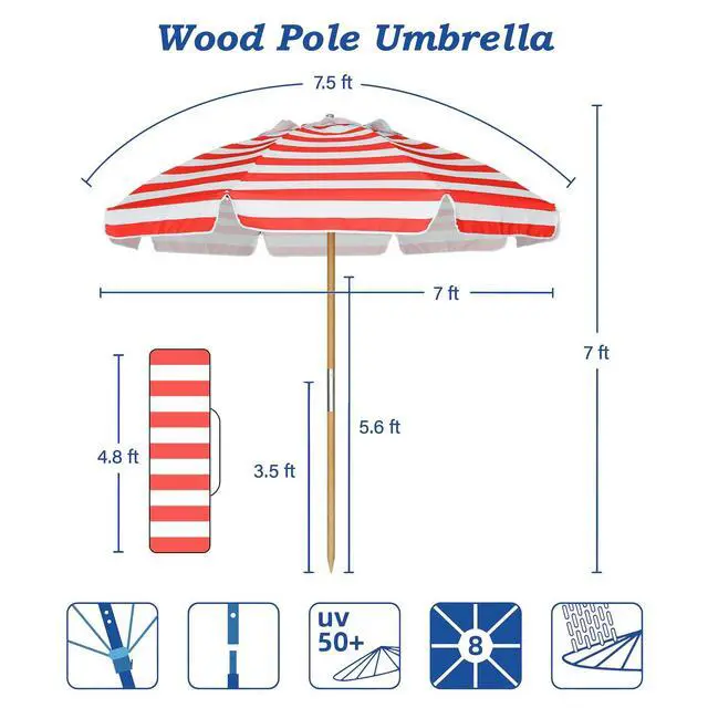Alt view image 6 of 7 - 7.5ft Heavy Duty HIGH Wind Beach Umbrella Commercial Grade Patio Beach Umbrella with Air Vent Ash Wood Pole & Carry Bag UPF50+ Protection Red White