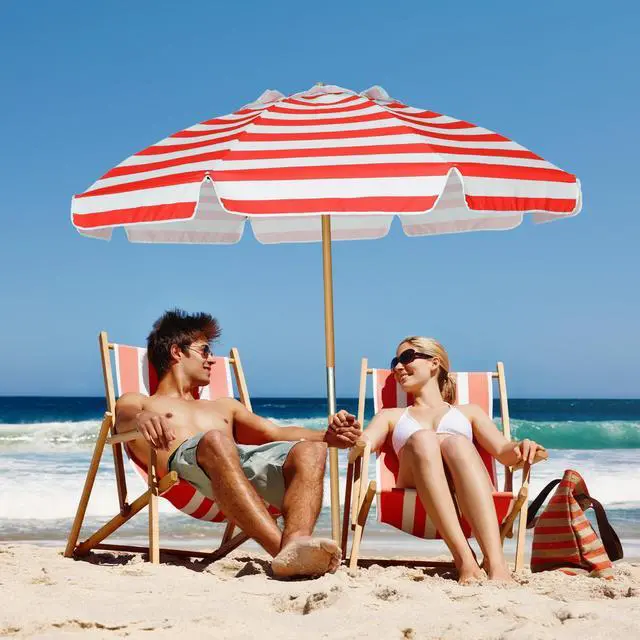 Alt view image 7 of 7 - 7.5ft Heavy Duty HIGH Wind Beach Umbrella Commercial Grade Patio Beach Umbrella with Air Vent Ash Wood Pole & Carry Bag UPF50+ Protection Red White