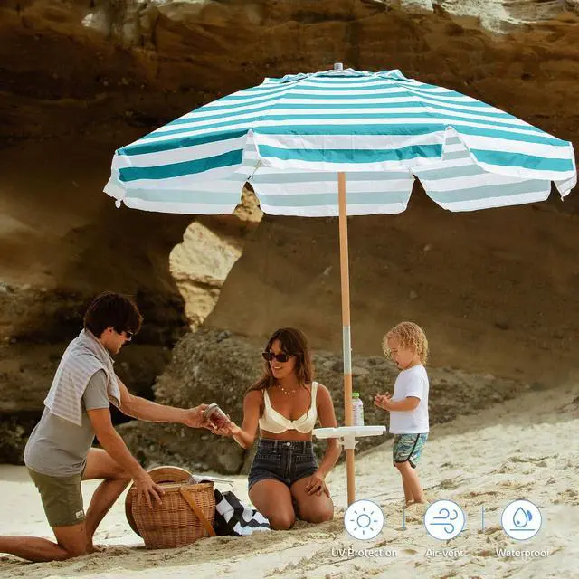 Alt view image 2 of 7 - 7.5ft Heavy Duty HIGH Wind Beach Umbrella Commercial Grade Patio Beach Umbrella with Air Vent Ash Wood Pole & Carry Bag Turquoise White