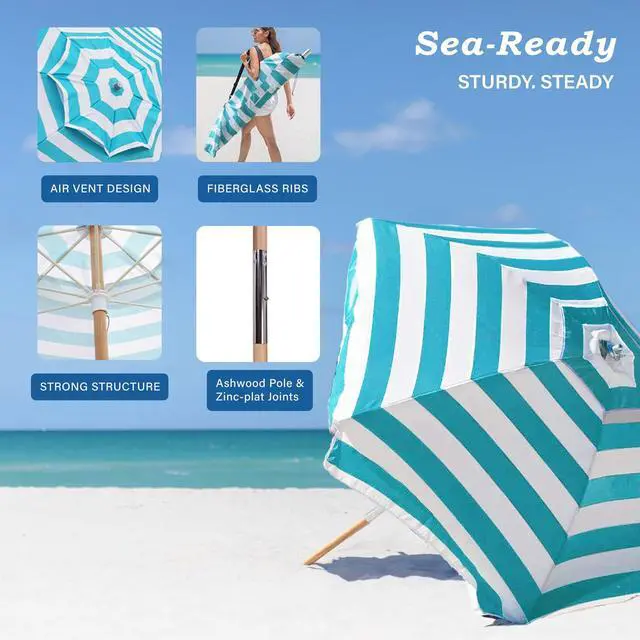 Alt view image 4 of 7 - 7.5ft Heavy Duty HIGH Wind Beach Umbrella Commercial Grade Patio Beach Umbrella with Air Vent Ash Wood Pole & Carry Bag Turquoise White