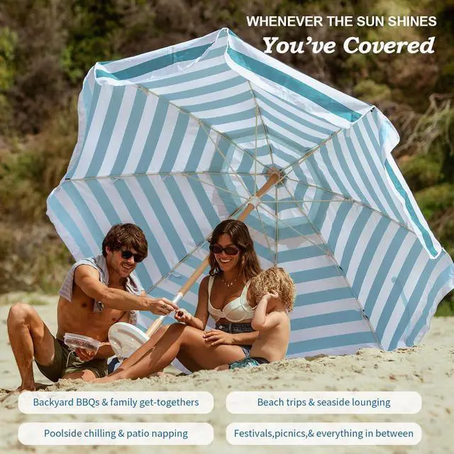 Alt view image 5 of 7 - 7.5ft Heavy Duty HIGH Wind Beach Umbrella Commercial Grade Patio Beach Umbrella with Air Vent Ash Wood Pole & Carry Bag Turquoise White