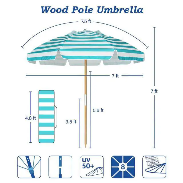 Alt view image 6 of 7 - 7.5ft Heavy Duty HIGH Wind Beach Umbrella Commercial Grade Patio Beach Umbrella with Air Vent Ash Wood Pole & Carry Bag Turquoise White