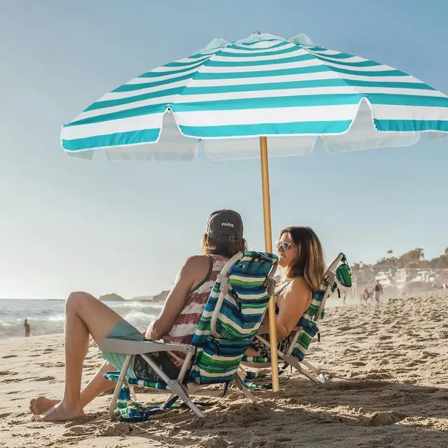 Alt view image 7 of 7 - 7.5ft Heavy Duty HIGH Wind Beach Umbrella Commercial Grade Patio Beach Umbrella with Air Vent Ash Wood Pole & Carry Bag Turquoise White