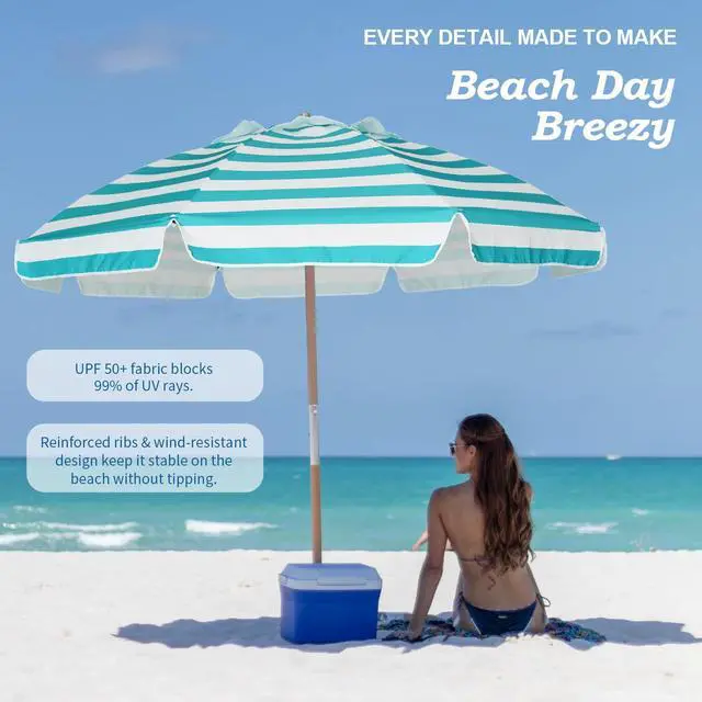Alt view image 3 of 7 - 7.5ft Heavy Duty HIGH Wind Beach Umbrella Commercial Grade Patio Beach Umbrella with Air Vent Ash Wood Pole & Carry Bag Turquoise White