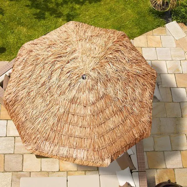 Alt view image 2 of 7 - 9ft Hula Thatched Tiki Umbrella Hawaiian Style Beach Patio Umbrella and 8 Ribs with Crank Lift UPF 50+ Outdoor Tiki Bar, Tropical Palapa, Patio Garden Beach Pool Backyard Natural Color