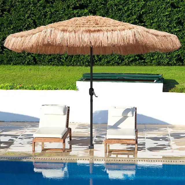 Main image of 9ft Hula Thatched Tiki Umbrella Hawaiian Style Beach Patio Umbrella and 8 Ribs with Crank Lift UPF 50+ Outdoor Tiki Bar, Tropical Palapa, Patio Garden Beach Pool Backyard Natural Color