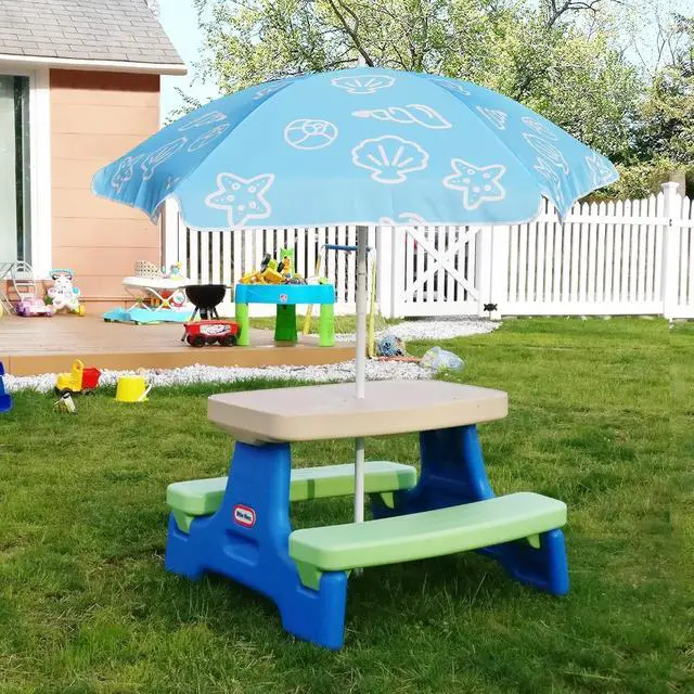Alt view image 5 of 7 - 47 Inch Seaside Beach Umbrella for Sand Box Water Table Kids Durable Umbrellas for children Picnic Beach Camping Garden Outdoor Play Shade Blue Shell